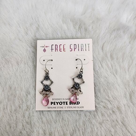 Peyote Bird Jewelry - NEW Peyote Bird Free Spirit Pink and Silver Dangling Earrings with Bird Design